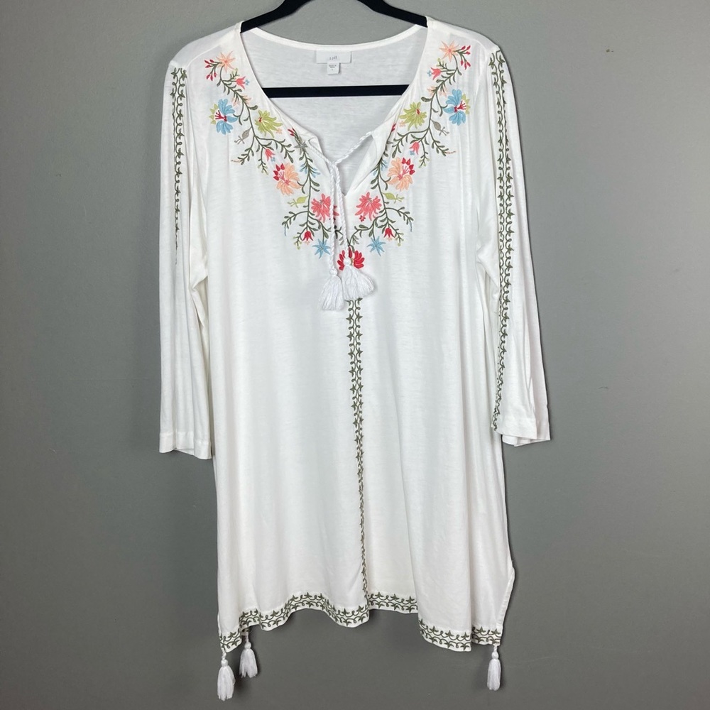 J Jill embroidered top / coverup peasant tunic tassel large cotton & modal